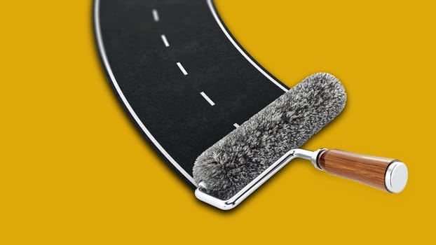 Red roller brush forming a motorway. 3D illustration.