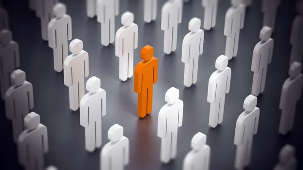 Red simple figure shape standing out among white ones. 3D illustration.