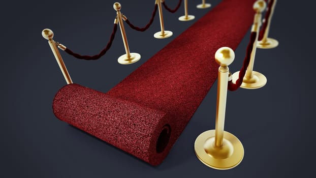 Rolled red carpet and velvet ropes isolated on white background. 3D illustration.