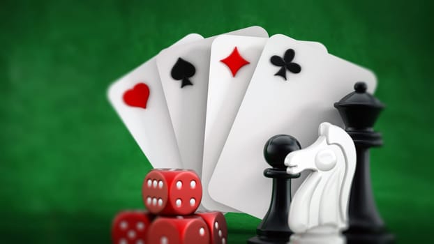 Playing cards, dice and chess pieces. 3D illustration.
