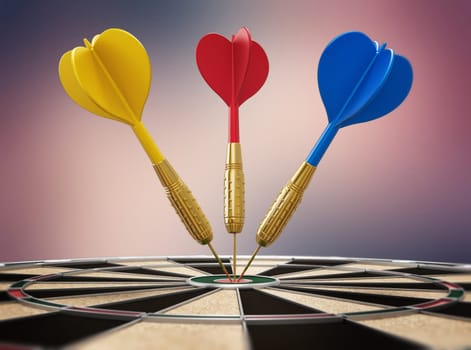 Dart needle hit at the center of the dartboard. Success concept. 3D illustration.
