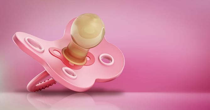 Pink baby pacifier isolated on pink background. 3D illustration.