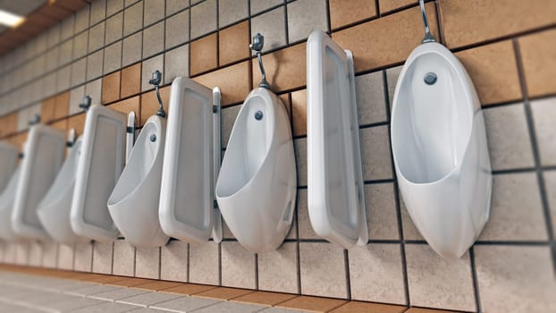 Public restroom with urinals hanging on the walls. 3D illustration.