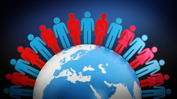 Paper figure people holding hands around the Earth. 3D illustration.