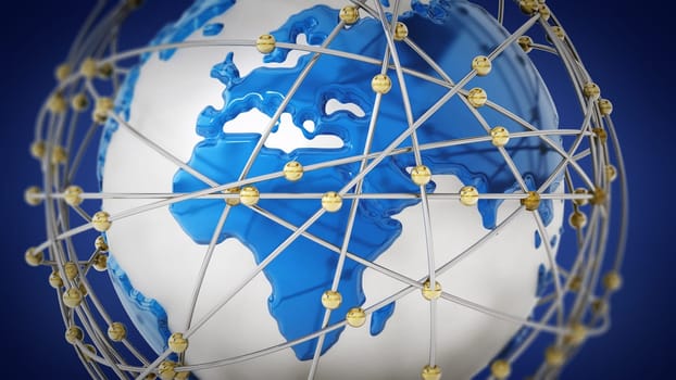 Global network concept with dots connecting intersection points. 3D illustration.