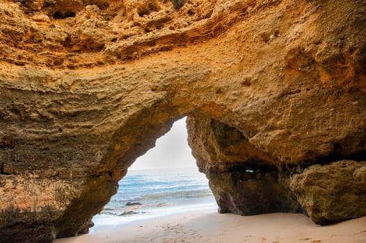 Maria Luisa beach with rock formation in Albufeira, Algarve, Portugal.