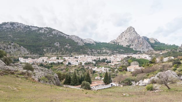 Panoramic view of the white town of Grazalema (Cádiz, Andalusia, Spain).
