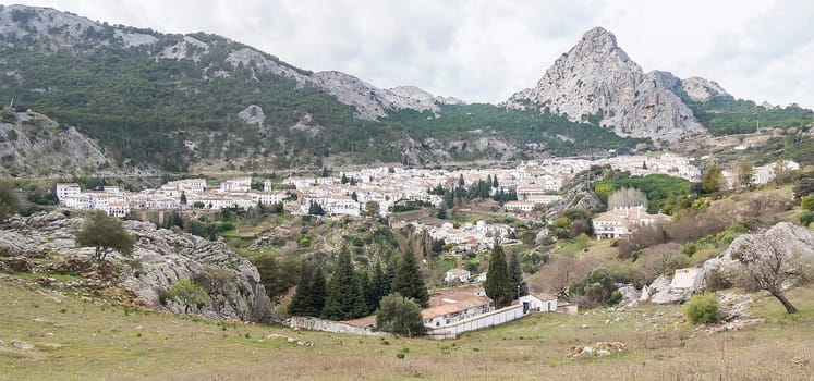 Panoramic view of the white town of Grazalema (Cádiz, Andalusia, Spain).