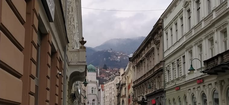 Sarajevo, Bosnia and Herzegovina, March 8, 2020, central streets of Sarajevo. Islamic landmarks and tourist sites. Tourist attractions of Sarajevo. Tourist business, travel and excursions. Balkans.