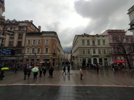 Sarajevo, Bosnia and Herzegovina, March 8, 2020, central streets of Sarajevo. Islamic landmarks and tourist sites. Tourist attractions of Sarajevo. Tourist business, travel and excursions. Balkans.