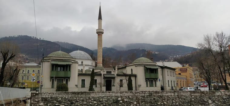 Sarajevo, Bosnia and Herzegovina, March 8, 2020, central streets of Sarajevo. Islamic landmarks and tourist sites. Tourist attractions of Sarajevo. Tourist business, travel and excursions. Balkans.