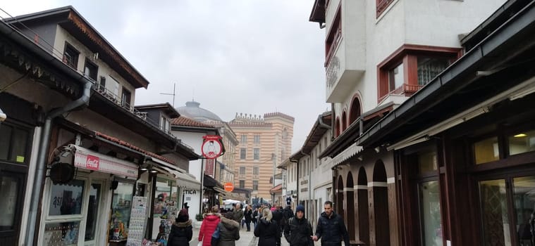 Sarajevo, Bosnia and Herzegovina, March 8, 2020, central streets of Sarajevo. Islamic landmarks and tourist sites. Tourist attractions of Sarajevo. Tourist business, travel and excursions. Balkans.