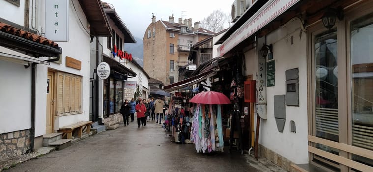 Sarajevo, Bosnia and Herzegovina, March 8, 2020, central streets of Sarajevo. Islamic landmarks and tourist sites. Tourist attractions of Sarajevo. Tourist business, travel and excursions. Balkans.