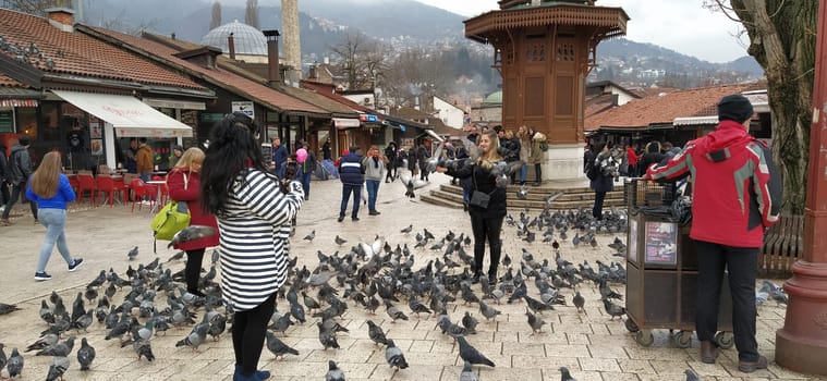 Sarajevo, Bosnia and Herzegovina, March 8, 2020, people walk the central streets of Sarajevo feeding pigeons. Bascarsija and square. Islamic landmarks and tourist sites. Birds walk on the pavement.