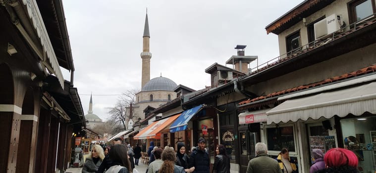 Sarajevo, Bosnia and Herzegovina, March 8, 2020, central streets of Sarajevo. Islamic landmarks and tourist sites. Tourist attractions of Sarajevo. Tourist business, travel and excursions. Balkans.