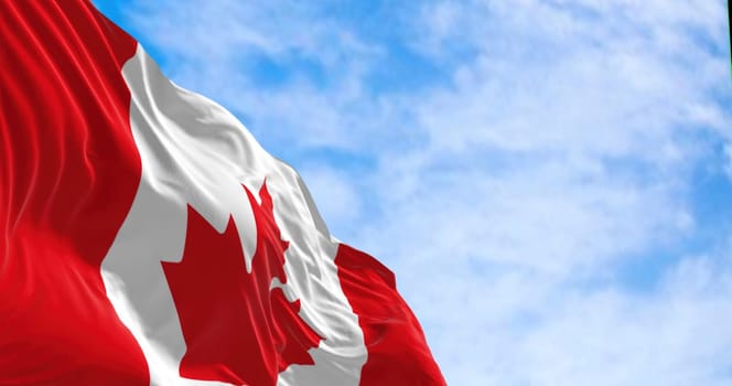 Canada national flag waving in the wind on a clear day. White square in center and red stylized maple leaf with eleven points. Selective focus. 3D illustration render. Rippeld textile
