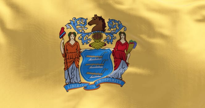 Close-up of the New Jersey state flag. Coat of arms on buff background. US state. Rippled fabric. Textured background. 3d illustration render. Close-up. Selective focus