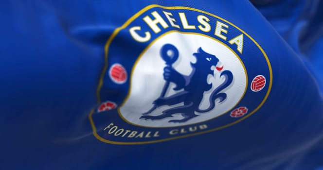 London, UK, Feb 2023: Close-up of the Chelsea Football Club flag waving. Blue Heraldic lion holding a staff. Rippled Fabric. Textured background. Selective focus. 3d illustration render