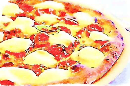Creative illustration in vintage watercolor design - Pizza Margherita with Mozzarella cheese, basil and tomatoes