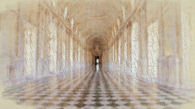 Creative illustration of Reggia di Venaria Reale gallery - Italy. Luxury marbles in baroque Royal Palace