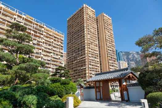 Monte Carlo - August 2022: Japanese garden with the city in the background