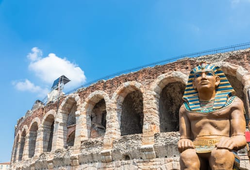 Verona, Italy - June 2022: preparing the stage for the thetre performance in the famous Arena di Verona - Aida spectacle