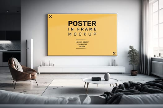 Modern room interior with mock-up photo frame on white walls. Black, gray and white furniture.