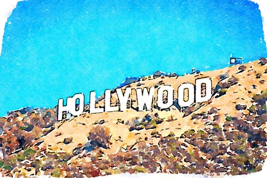 Creative illustration with artistic watercolor design - Hollywood sign in Los Angeles