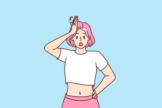 Forgetful shocked girl clutching head, opens mouth wide remembering about things not done or keys forgotten at home. Shocked woman with pink hair is stressed by piled problems and troubles