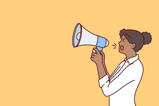 Woman with megaphone shouts loudly to inform others about new profitable promotion for shoppers. Girl with megaphone participates in protest, expressing manifesto for participants in civil action