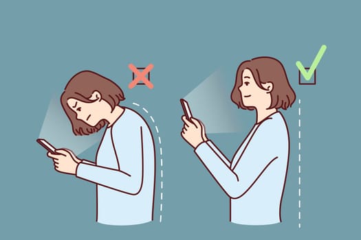Girl with mobile phone demonstrates correct and incorrect posture while using applications. Woman with curvature of spine is hunched over due to poor posture and needs help of masseur or osteopath