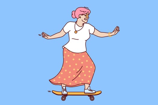 Older woman rides skateboard wanting to stay young and act like teenager heading to skatepark. Elderly woman with skateboard enjoys retirement age and lack of work responsibilities