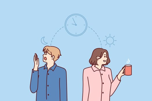 Man and woman experience problems and feel excessive fatigue in early morning or insomnia in evening. Guy and girl in pajamas are standing near clock symbolizing insomnia and breaking sleep cycles