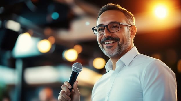 Confident motivational speaker man smiles speaking to an audience at business conference, happy businessman or seminar, official meeting