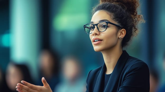 Confident motivational speaker black American woman with glasses speaking to an audience at business conference, or seminar, official meeting