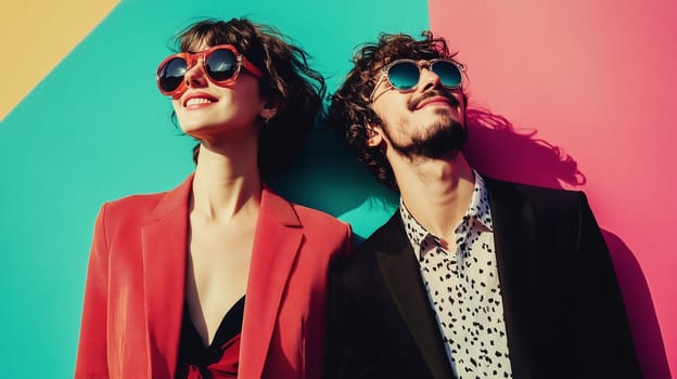 Portrait of stylish beautiful happy woman and man, modern young couple posing together on colorful studio background