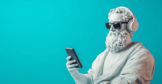 Stylish portrait of modern antique statue of man listening to music with headphones looking at smartphone, wearing glasses on blue studio background