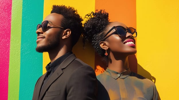 Portrait of stylish beautiful happy African woman and man, modern black American young couple posing together on sunny colorful studio background