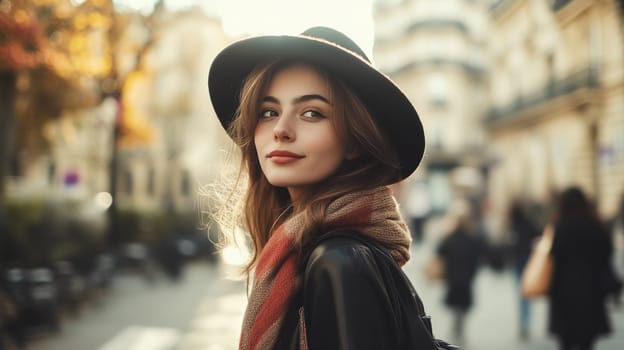 Portrait of stylish young woman wearing a hat, scarf standing in autumn city, looking away