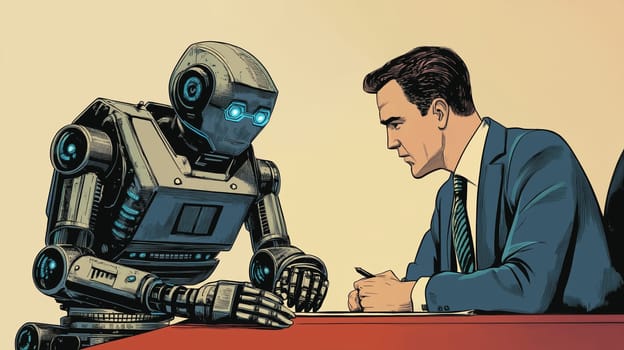 Business meet, confident robot man and successful businessman sitting together at a desk in the office, talking and look at each other, technology concept