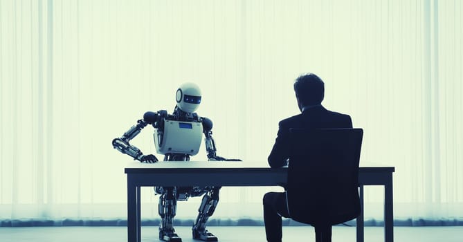 Business meet, confident robot man and successful businessman sitting together at a desk in the office, talking and look at each other, technology concept
