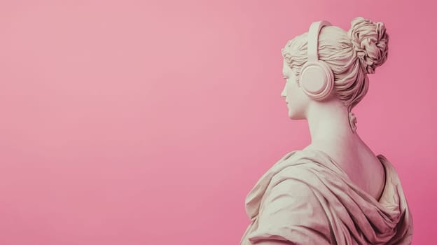 Stylish portrait of modern fashionable antique statue of young woman listening to music with headphones wearing sunglasses posing on pink studio background