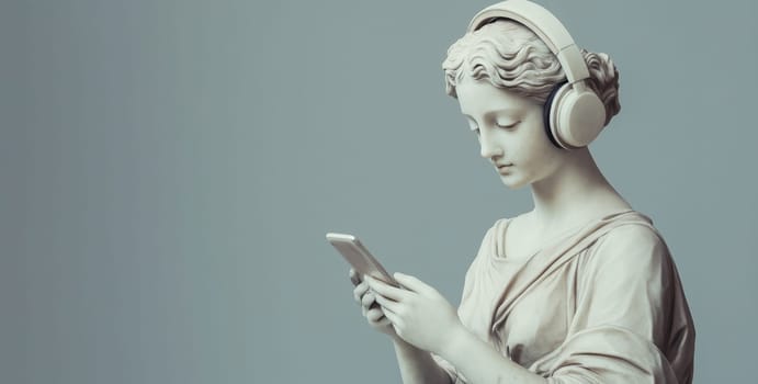 Stylish portrait of modern antique statue of young woman listening to music with headphones and smartphone, on gray studio background