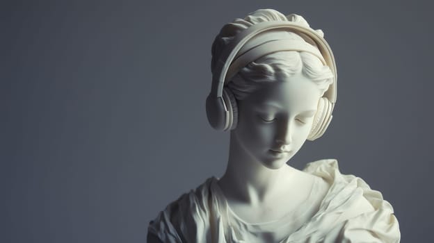 Stylish portrait of modern fashionable antique statue of young woman listening to music with headphones wearing sunglasses posing on gray studio background