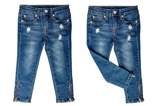 Girls jeans isolated. Elegant trendy stylish female blue jeans trousers isolated on a white background. Fashionable denim pants for kids. Front in two views.