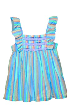 Summer dress isolated. Closeup of a colorful striped sleeveless baby girl dress isolated on a white background. Children spring fashion. Clipping path. Back view.