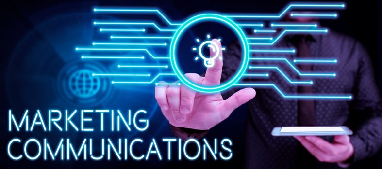 Hand writing sign Marketing Communications, Business idea linked all forms or communication
