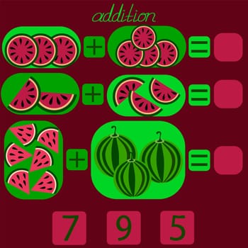count the watermelons in the picture and put the desired number to the rebus for children under 6 years old