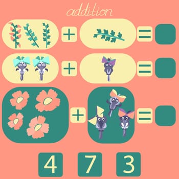 count the flowers and birds in the picture and put the right number in the rebus for children under 6 years old