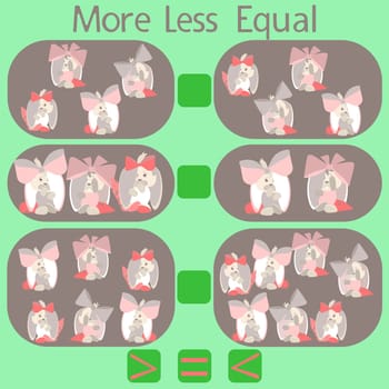 count the funny rabbits in the picture and put a sign greater than, less than or equal to the rebus for children under 6 years old